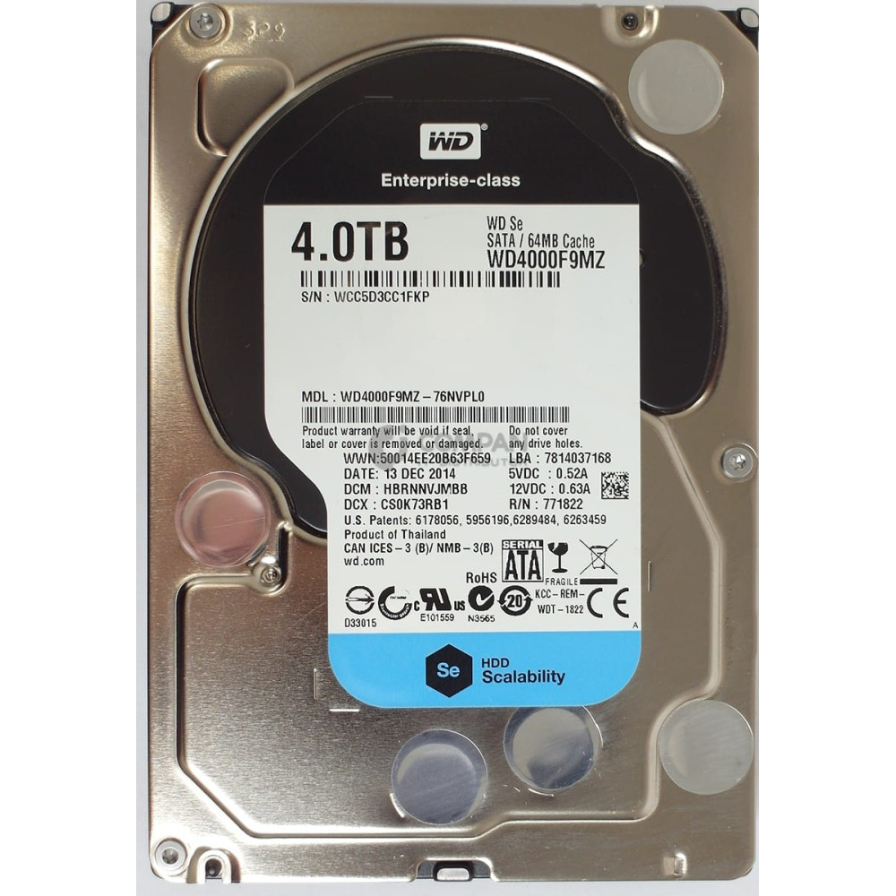WD4000F9MZ WD HARD DRIVE 4TB 7.2K 6G 3.5 LFF 64MB CACHE SATA WD4000F9MZ-76NVPL0